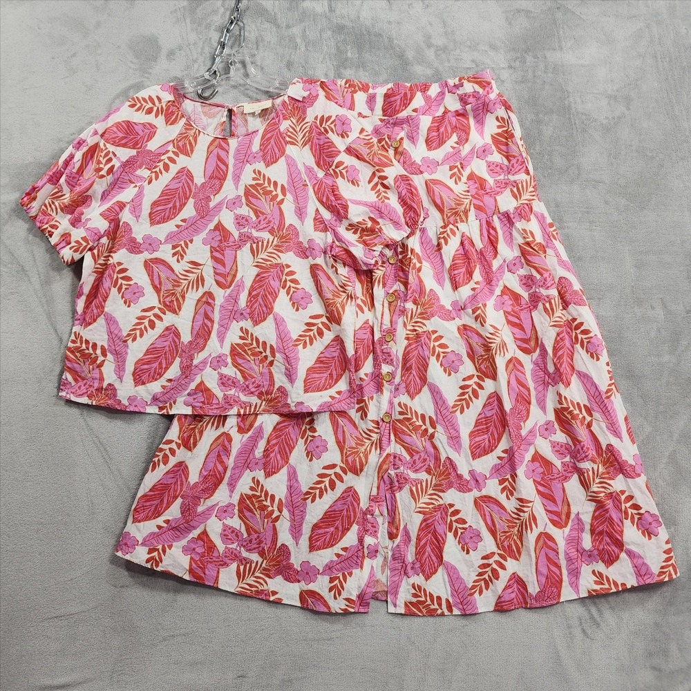 Mellóday Top Skirt 2 Piece Set Womens L Pink Tropical Linen Blend Floral Summer